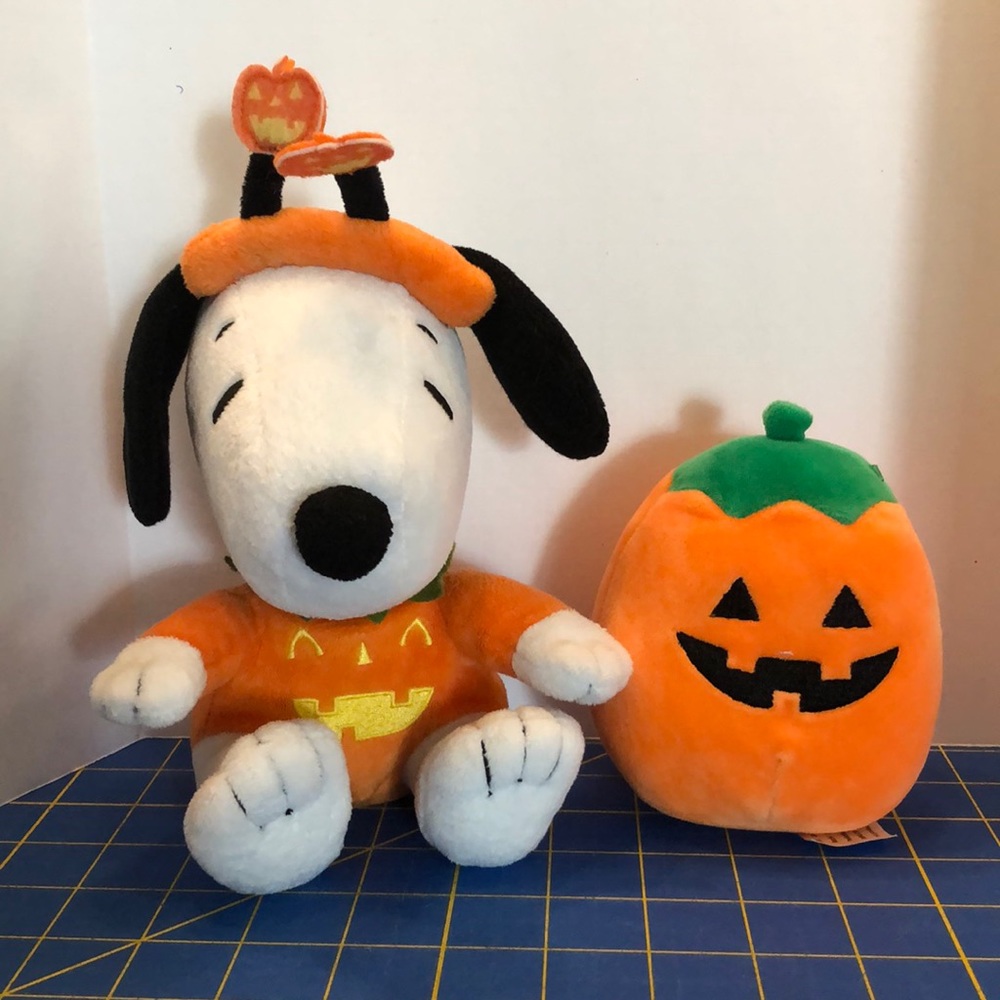 Hallmark Snoopy in Pumpkin Outfit 9 inches and Squishmallow 4 inch Pumpkin Plush